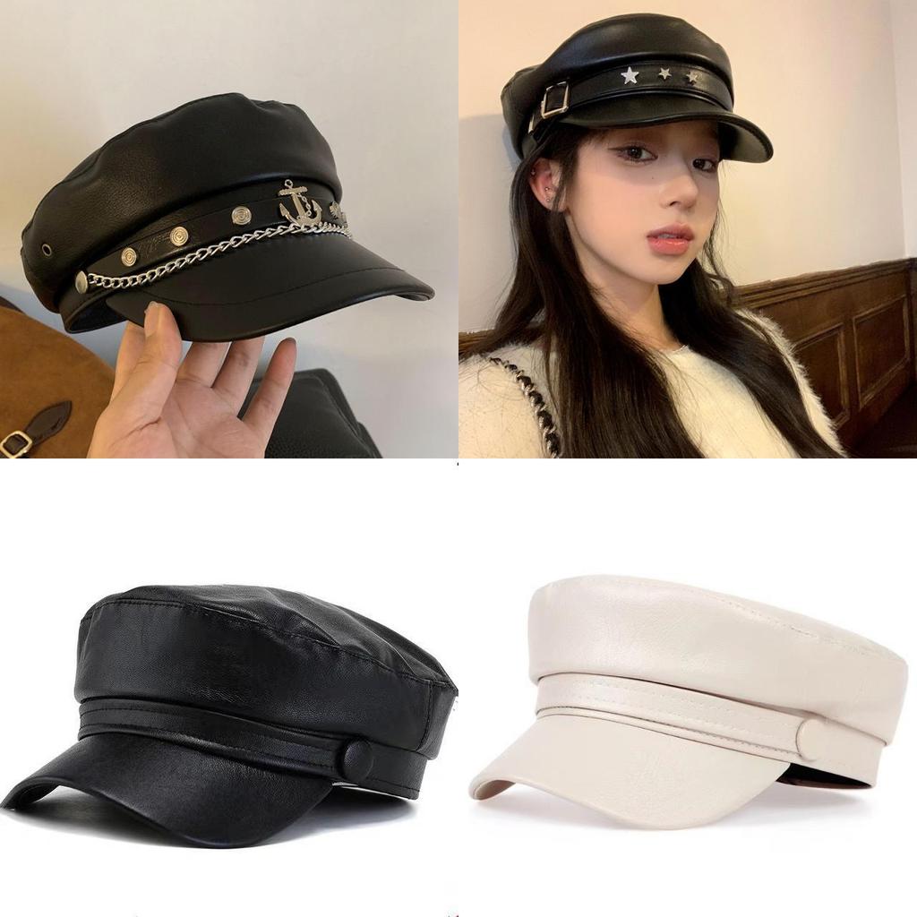 Vojenská čepice Zimní Černá PU Kůže Retro Plochý Vrch Široký Okraj Pro Fanoušky Ležérní Módy