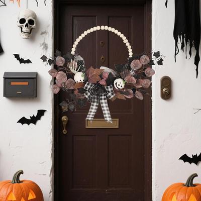Halloween Wreaths For Front Door Fake Maple Leaves Ornament Spider Pumpkin Ghost Festive Wreath 16 Inch For Kitchen Porch