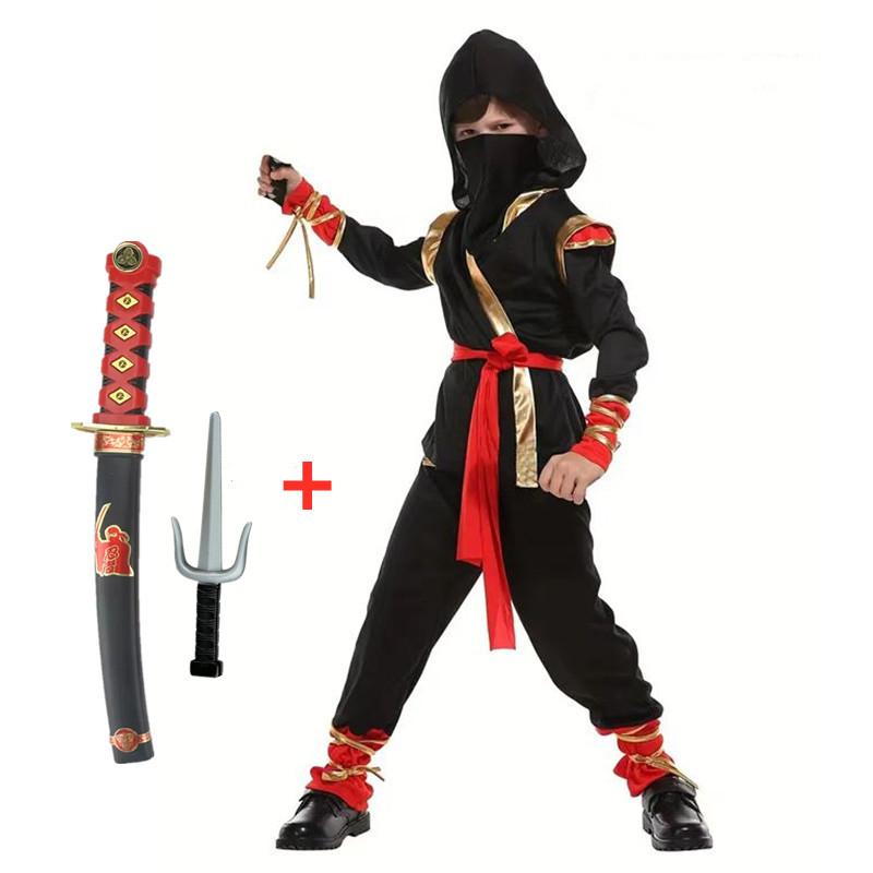 Carnival Boys Child Ninja Costume Role Play Assassin Samurai Warrior Hooded Suit Kids Halloween with Ninja Sword Fancy Dress Up