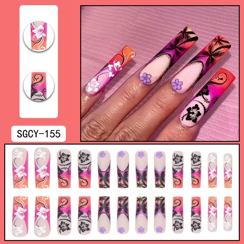 Long Press-On Nails With Adhesive Tabs Full Cover Fake Women INS Style Acrylic Nail Tips Reusable Wearable Art