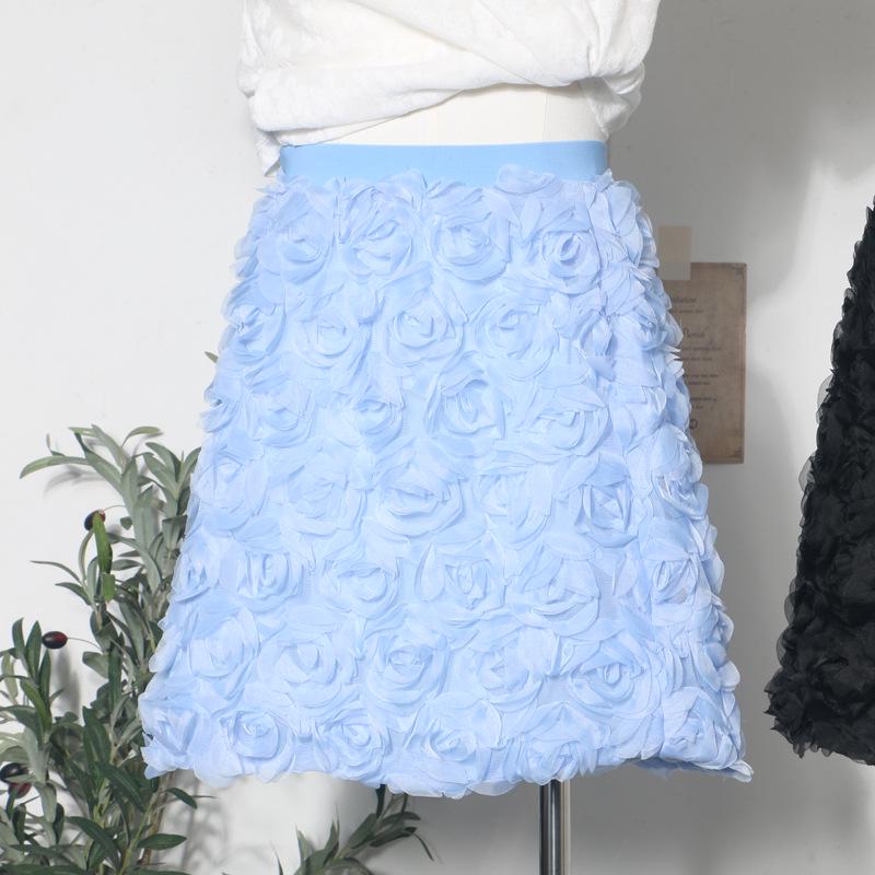 3D Rose Midi Tulle Skirt - Fluffy, Elastic High Waist, Slimming, Versatile A-line for Women