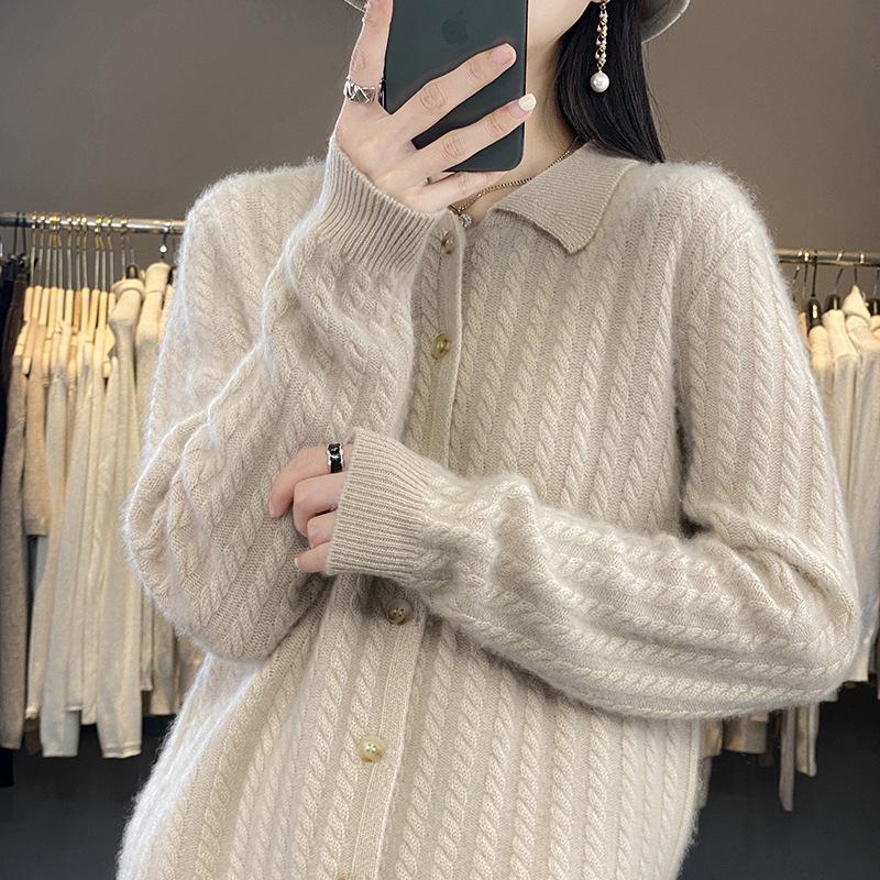 Women's Slim Cable Knit Cardigan with Cashmere Collar - Versatile Autumn/Winter Style