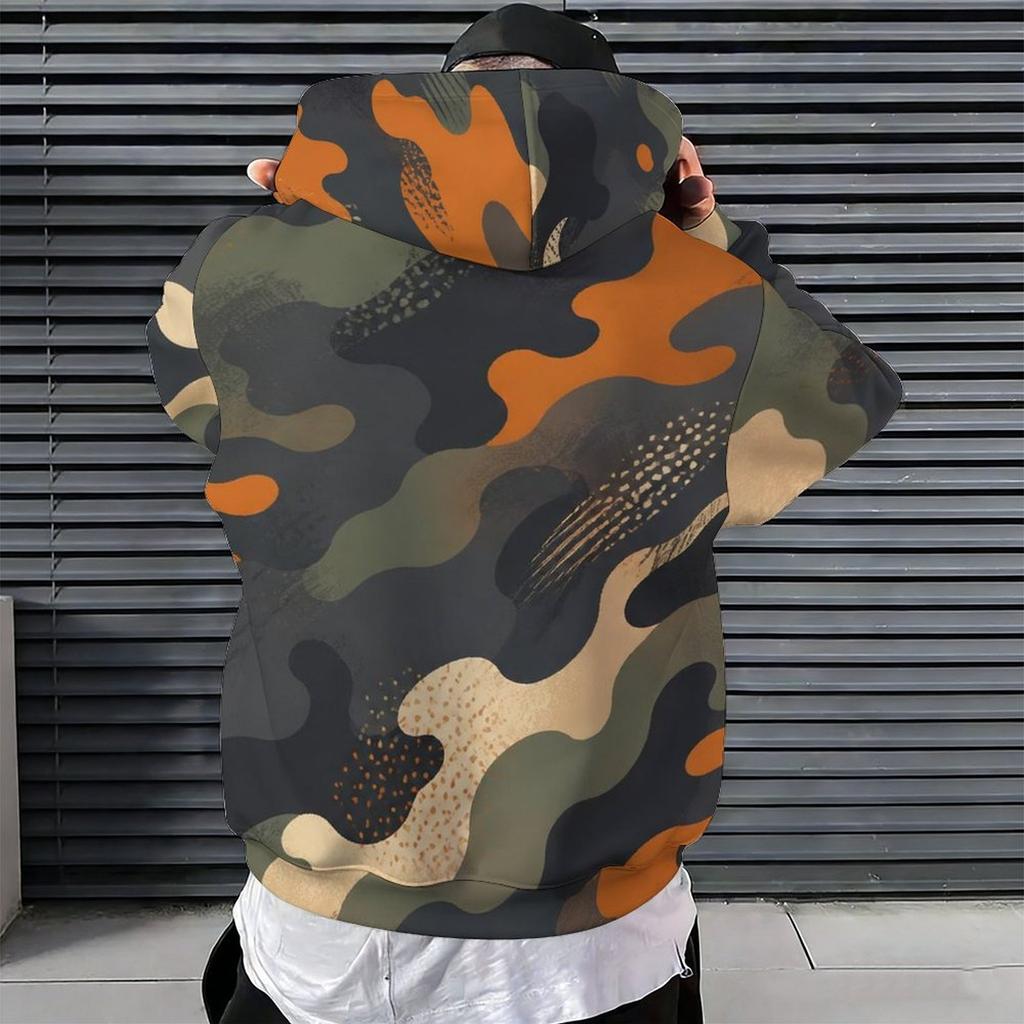 Men Plus Size Beige Printed Hoodie Long Sleeve Drawstring Pullover With Kangaroo Pocket