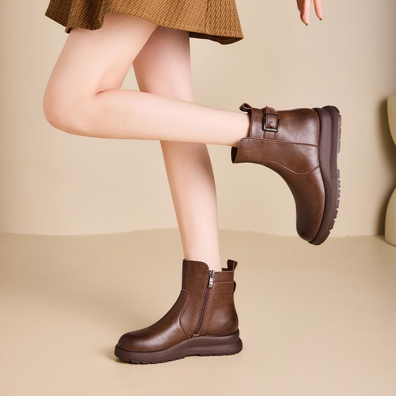 Casual Shoes, Versatile Leather Boots, New Retro Short Boots for Women, Thick-soled and Chunk-heeled Boots