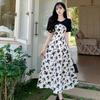 Large Size Summer Dress New Light Ripe Wind Age Reduction Waist French Retro Sweet Fake Two-piece Floral Dress