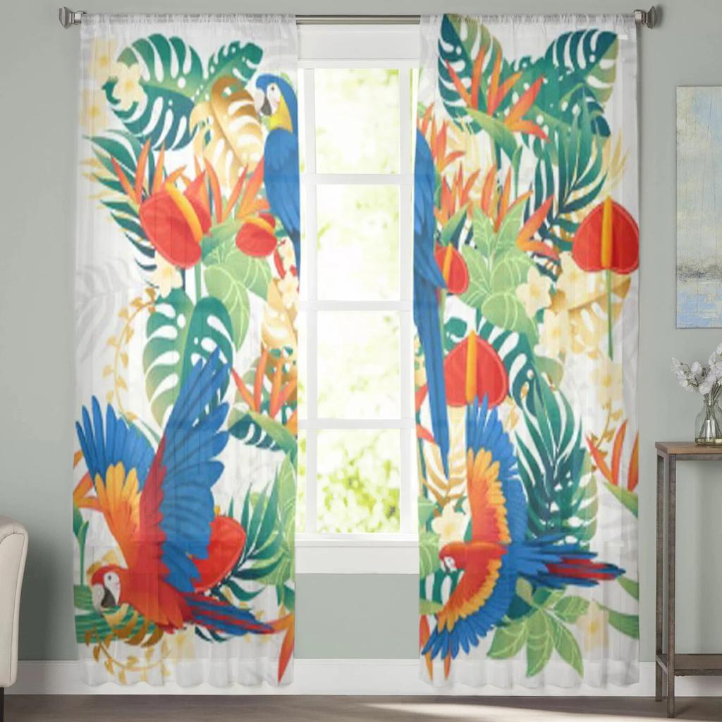 Cute Parrot Green Leaves Sheer Window Curtains for Living Room Girl Bedroom Tulle Curtains Kitchen Veil Chiffon Drapes