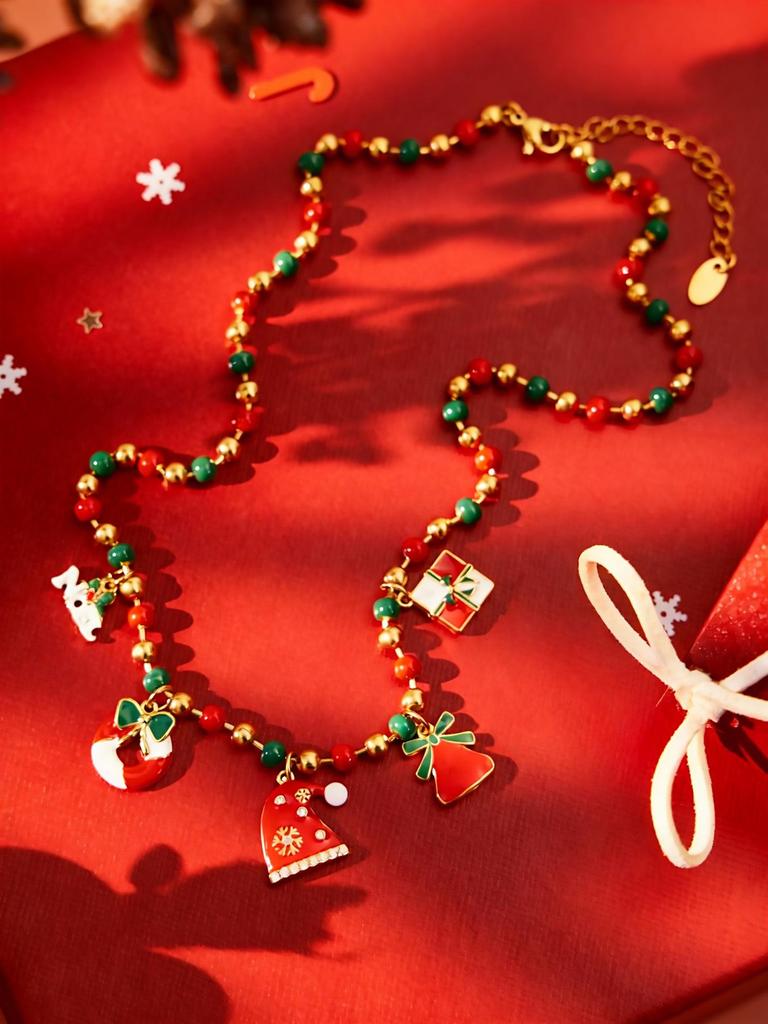 Santa Claus Stainless Steel Pendant Necklace with Drip Oil Beads for Women – European & American Christmas Style