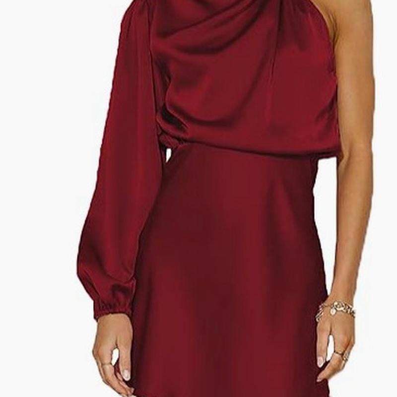 Damen One-Shoulder Satin Mini-Kleid Langarm Drapierter Ausschnitt Bodycon Cocktail Abendparty Kleid