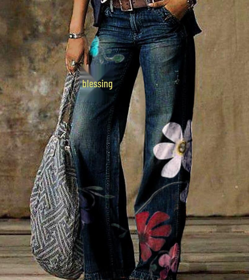 Europäische und amerikanische Übergröße Damen Casual Weitbein Imitationsjeans