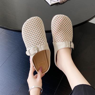 CRLAYDK Mule for Women Backless Loafers Slip On Mesh Hollow Out Flat Casual Walking Ladies Slides Closed Toe Buckle Slippers
