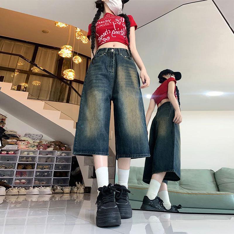 Plus Size Retro High-Waisted Cropped Wide-Leg Jeans for Women - Summer Versatile Loose-Fit Pants