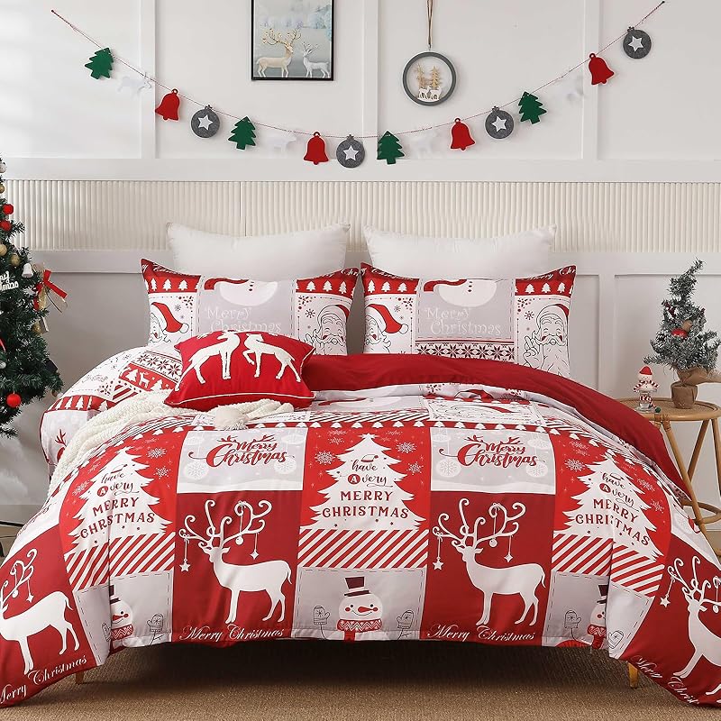 Christmas 3-piece Set Of Festive Reindeer Pattern Quilt Covers With zippers, Including 2 Pillowcases