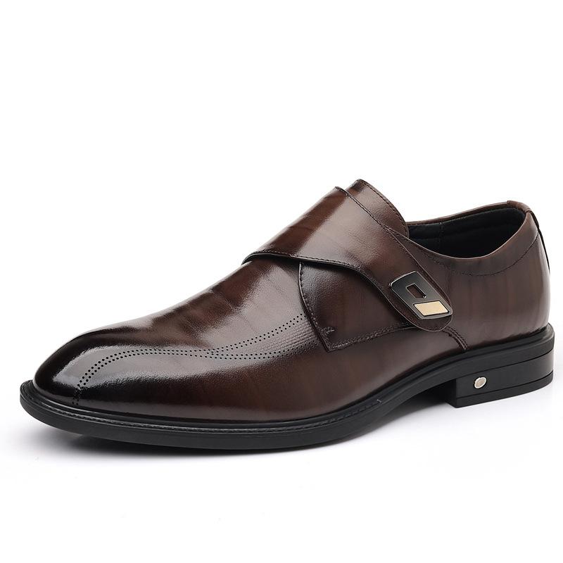 Men's Genuine Leather Dress Shoes First Layer Cowhide Pointed Toe One-Step Slip-On Velcro Closure Trendy Casual Loafers