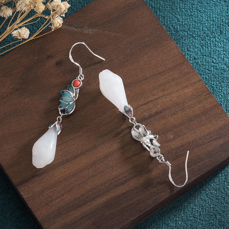 Chinese Retro Style Enamel Earrings with Imitation Hetian Jade Lotus in 925 Sterling Silver for Women