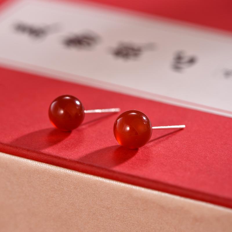 Fresh S925 Sterling Silver Agate Stud Earrings - Red Bean Shape for Girls 925 Silver