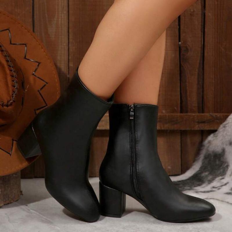 Women S Square Toe Side Zip High Heel Ankle Boots