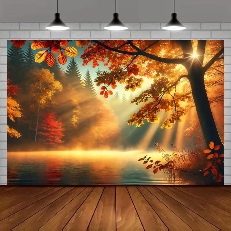 2D Enchanted Autumn Forest Lake Photography Background
