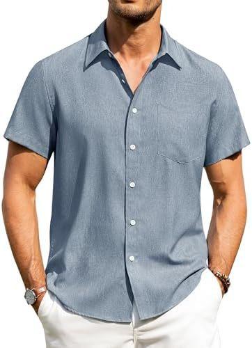 Alimens & Gentle Men's Linen Shirt Short Sleeve Button Up Shirt Wrinkle Free Casual Vacation Beach Summer