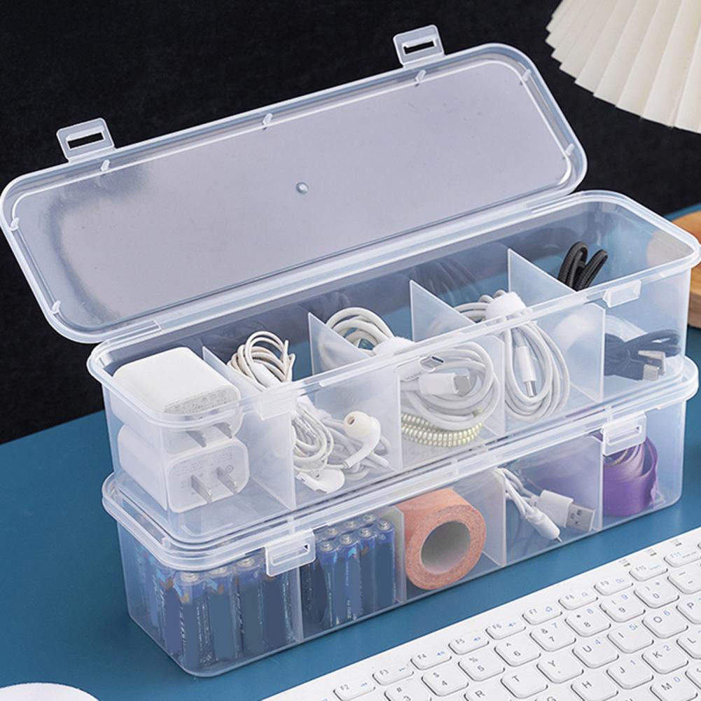 Cables Storage Box Multi-purpose Transparent Storage Box with Lid for Data Cables Jewelry Trinkets 5 Compartments Organizer Case