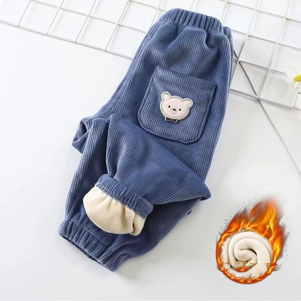 Autumn Winter Children's Fleece-lined Corduroy Pants Stylish Embroidery Casual Warm Trousers for Boys Girls