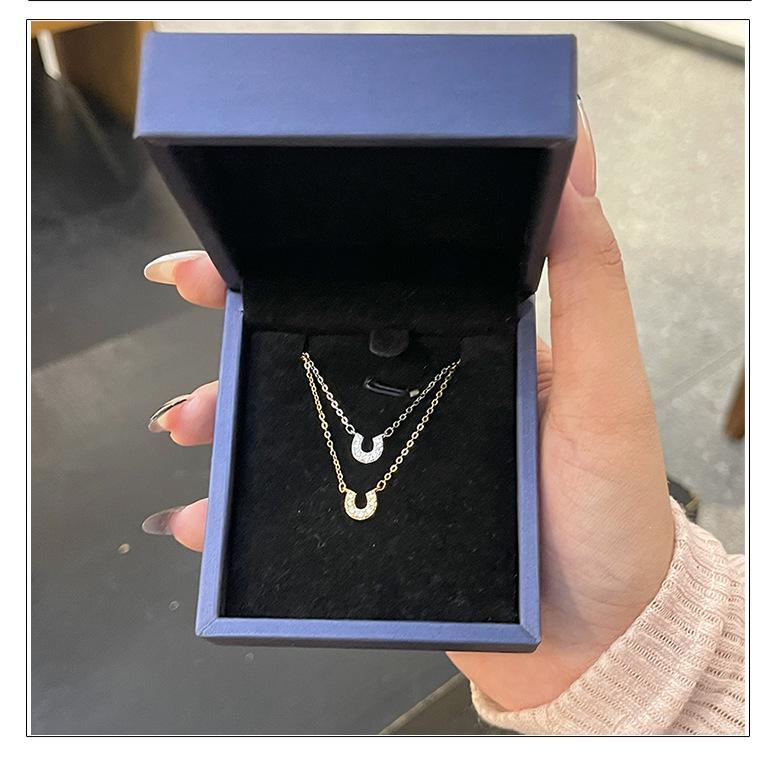 S925 Sterling Silver U-shaped Horseshoe Necklace, Light Luxury Simple 18K Gold Clavicle Chain, Delicate Full Diamond Design for Women