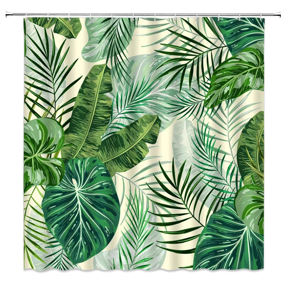 Green Tropical Plants Shower Curtain Bathroom Waterproof Polyester Shower Curtain Leaves Printing Curtains for Bathroom Shower