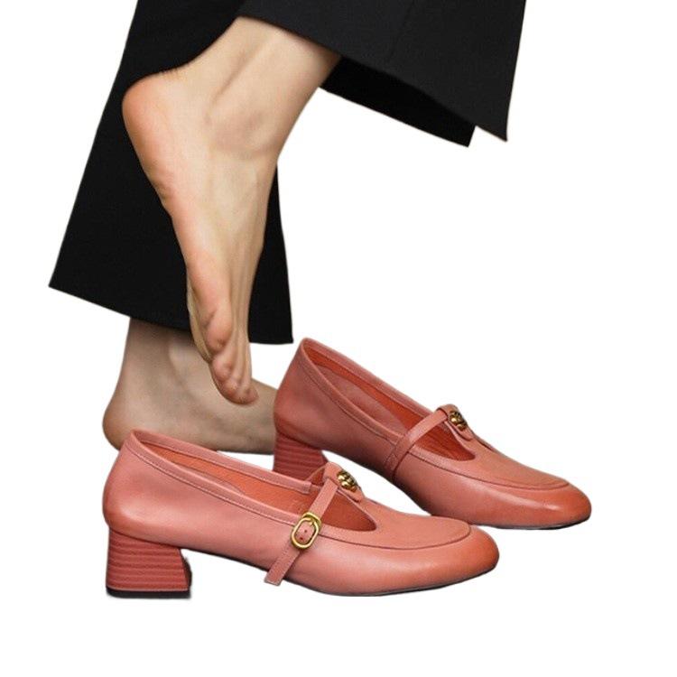 Soft leather shoes women's retro Mary Jane shoes small leather shoes new T-button pink single shoes light mouth women's shoes