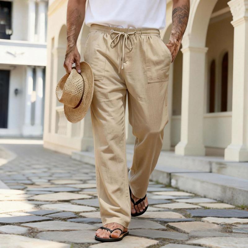 Mens White Drawstring Waist Straight Leg Linen Casual Pants