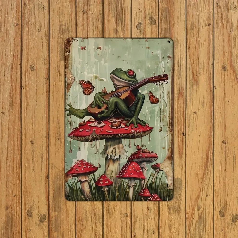 Vintage Frog Guitarist Tin Sign, Retro Metal Wall Decor Garage Man Cave Music Bar Art