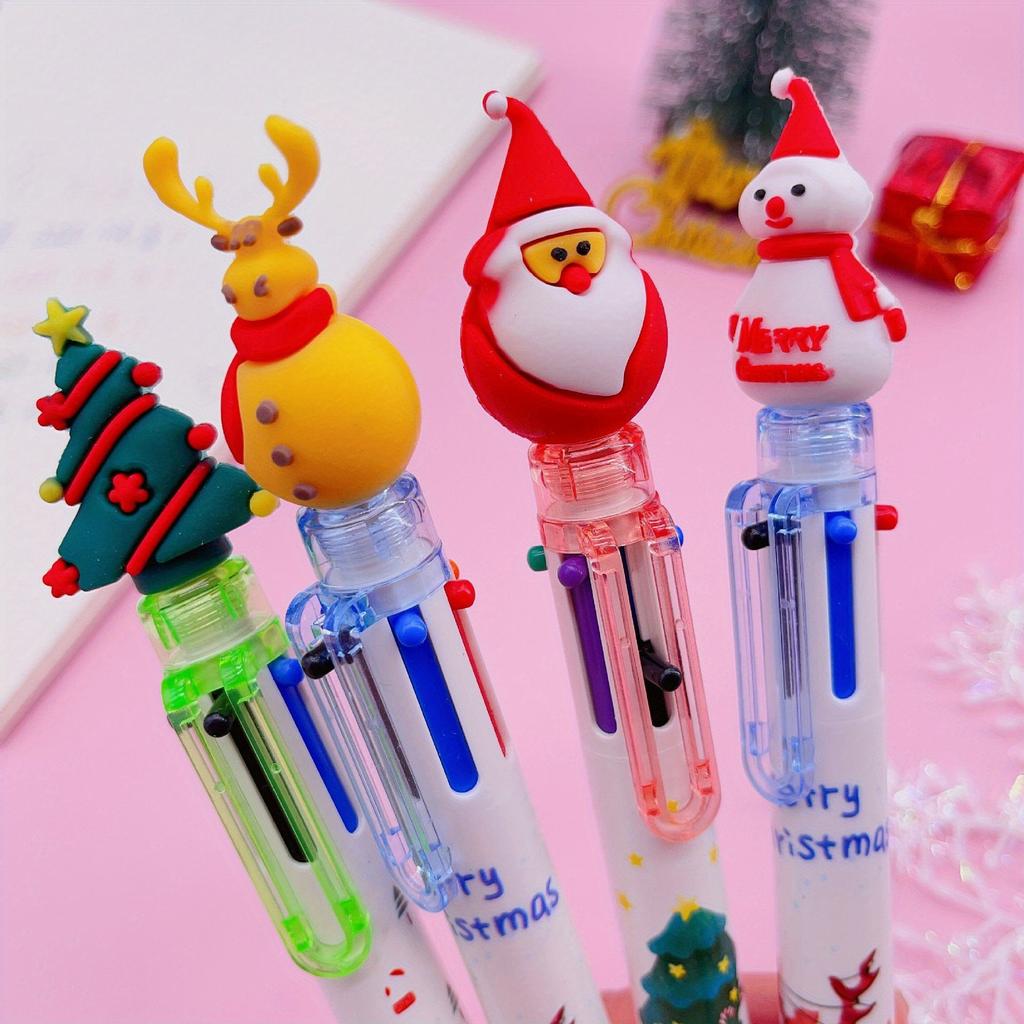 12pcs Cute Christmas Ballpoint Pen Cartoon Santa Claus Xmas Tree Snowman Retractable Pen Nativity New Year Gifts Decor Prop 6 Color-in-1 Ballpoint Pen