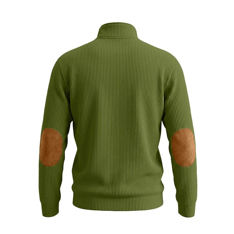Herbst Winter Herren Color Block Sweatshirt Vertikal Rippstrick Halber Reißverschluss Stehkragen Pullover Wildlederflicken Schulter Ellbogen Vintage Lässig Langarm Oberteile