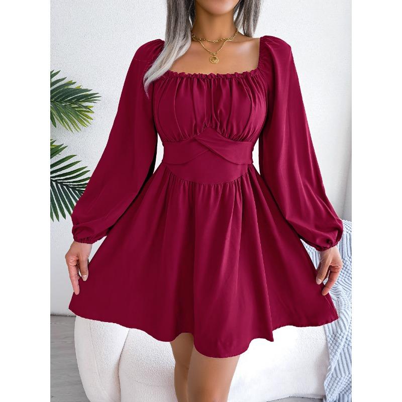 Abito da Donna Primavera Estate Tempo Libero Monocolore Orecchio di Legno Collo Quadrato Vita Svasata