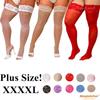 Plus Size Black White Lace Stockings Sexy Transparent Over Knee Thigh High Fishnet Christmas Long Socks With Anti-Slip For Women