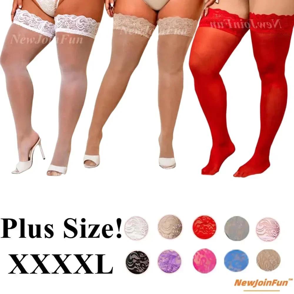 Plus Size Black White Lace Stockings Sexy Transparent Over Knee Thigh High Fishnet Christmas Long Socks With Anti-Slip For Women