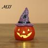 Small Ceramic Halloween Figurine Tealight Holder, Lighted Ghost Pumpkin with Cute Room Decoration Witch Hat, Tiered Tray Tabletop Decor for