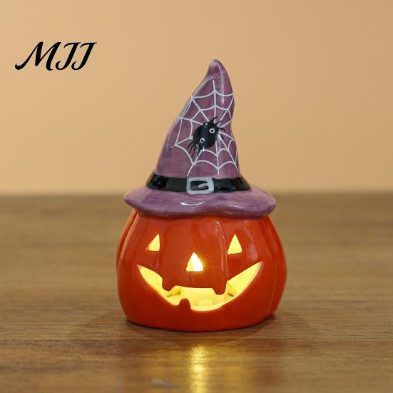 Small Ceramic Halloween Figurine Tealight Holder, Lighted Ghost Pumpkin with Cute Room Decoration Witch Hat, Tiered Tray Tabletop Decor for