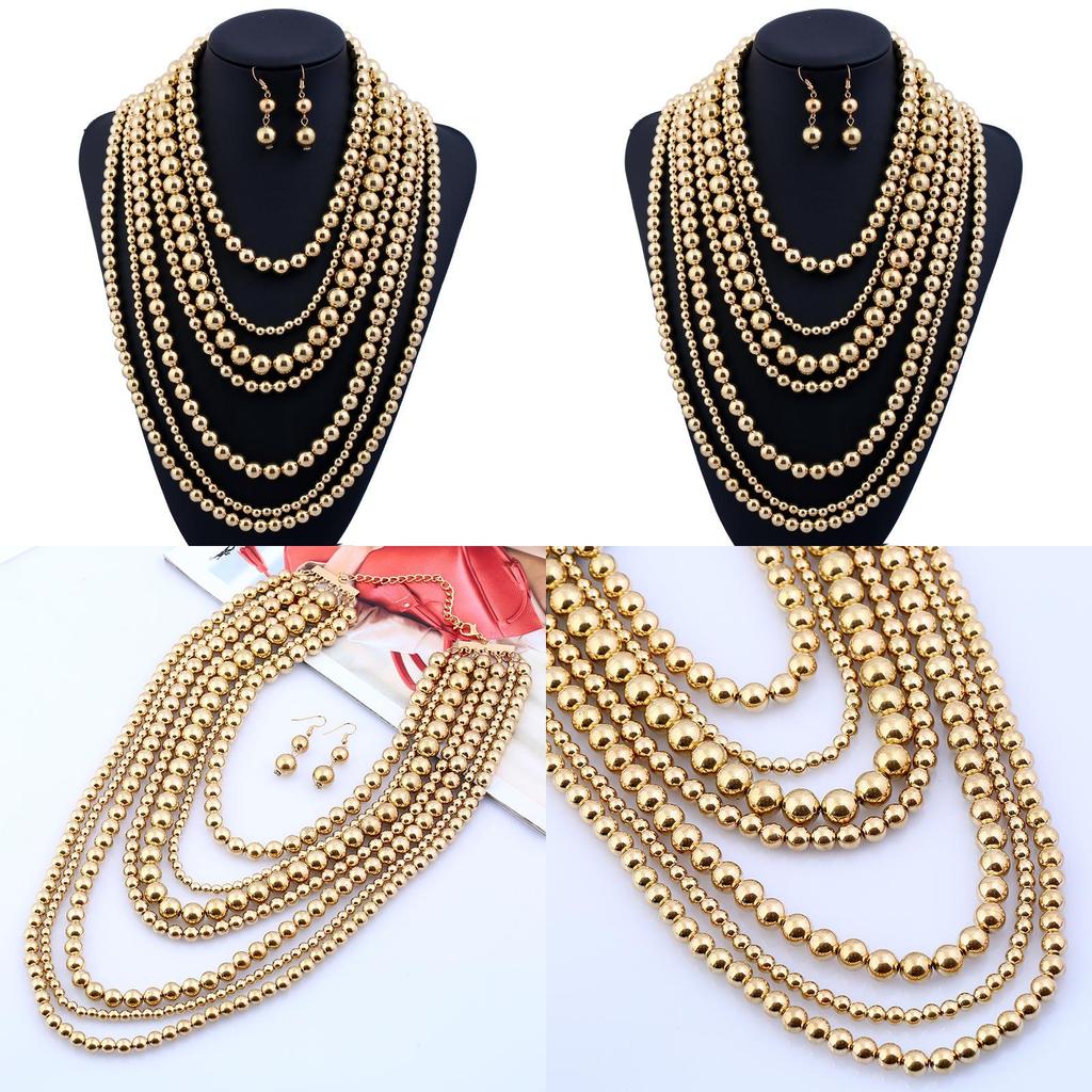 Collier Oversize Style Européen Orné de Perles Dorées au Design Géométrique pour Femmes