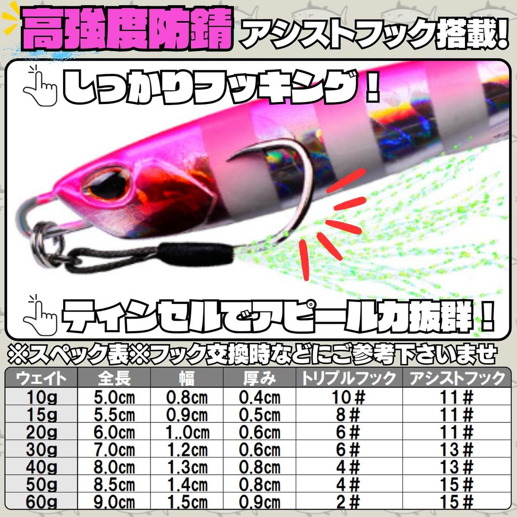 Metal Proven Set Equipped with Strong Shore Short Short Assist Rod TACKLAND Jigs, Colors, 5-Piece (30g, 40g, 60g), Hooks, Lure, Jigging, LSJ, Drag,