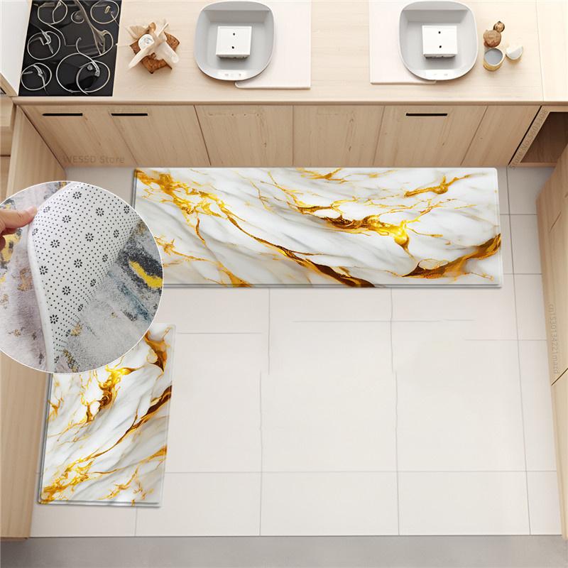 Renkli Mermer Baskı Halı Mutfak Odası Için kaymaz Yıkanabilir Mutfak Mat Seti Soyut Desen Banyo Halısı
