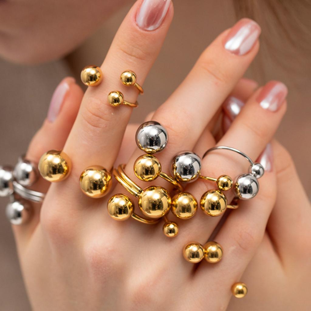 Exaggerated Stainless Steel Bead Ball Rings For Women Men Open Adjustable Gold Color Stainless Steel Ring Waterproof Jewelry