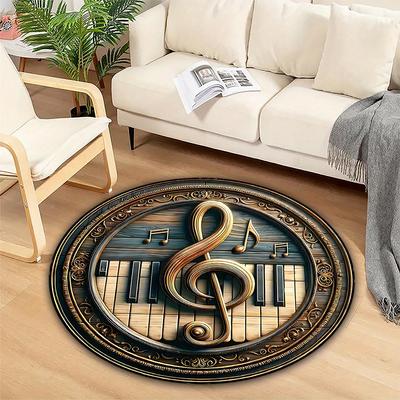 Runder Musikteppich - Design mit Klaviertasten & goldenem Diamant-Samt, rutschfeste waschbare Matte für Wohnzimmer & Außendekoration