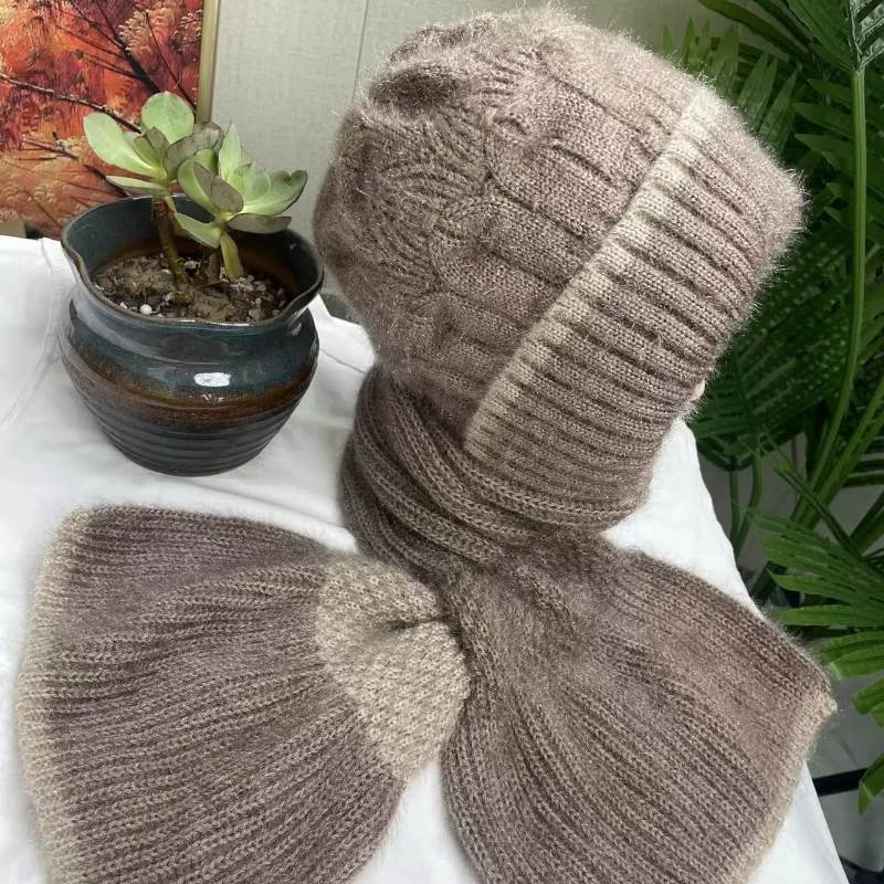 Autumn and Winter Color blocked Hats and Scarves New Velvet and Thickened Knitted Fashionable All In One Anti Wind and Snow Ear Protection Hats