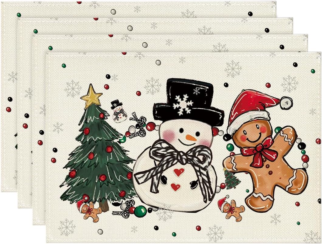 

Linen Christmas Placemats Snowman/Tree/Gingerbread Print Christmas Placemats Home Winter Holiday Decor Tableware Anti-slip Mat 4PC-32X42cm