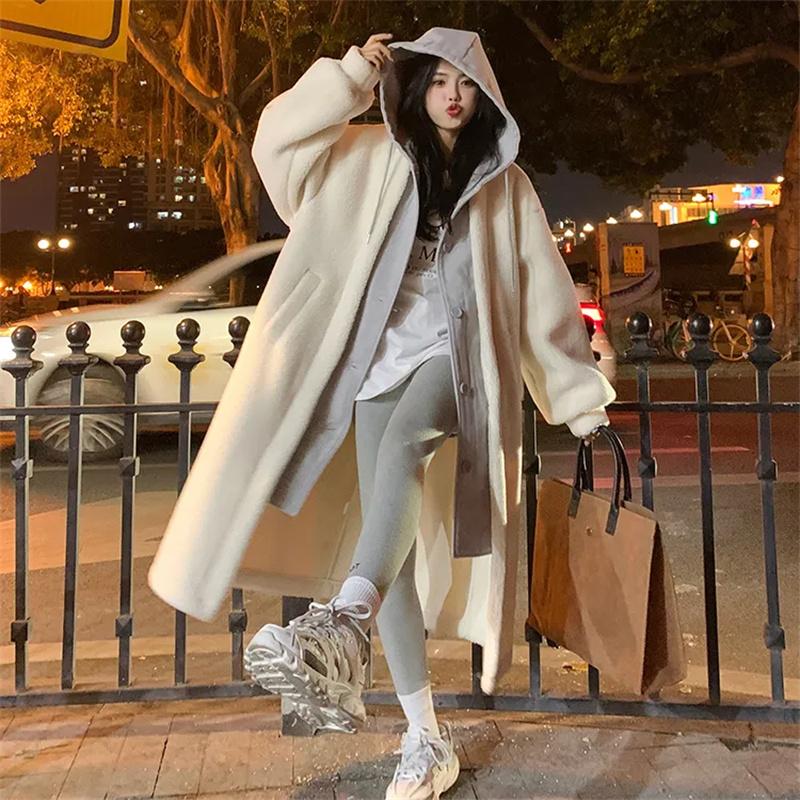 Women's Autumn Winter Fashion Mid To Long Length Jacket Korean Female Lamb Wool Loose Hooded Coat Casual Long Overcoat