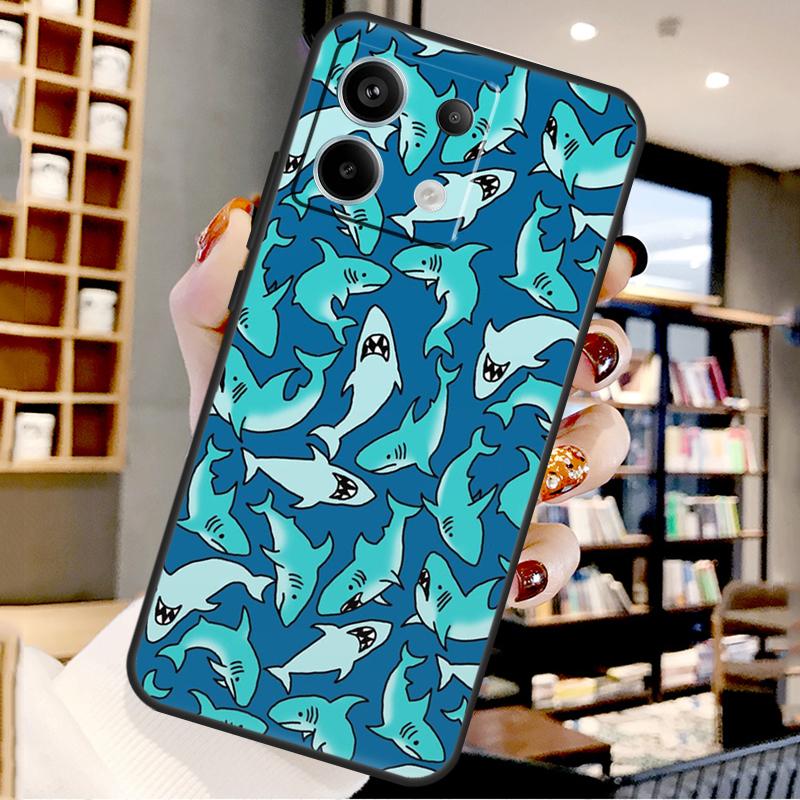 Cartoon Sharks For Xiaomi Redmi Note 14 Pro 13 12 11 9 10 15 Pro Plus Case For Redmi 15 15C 14C 10C 12C 13C