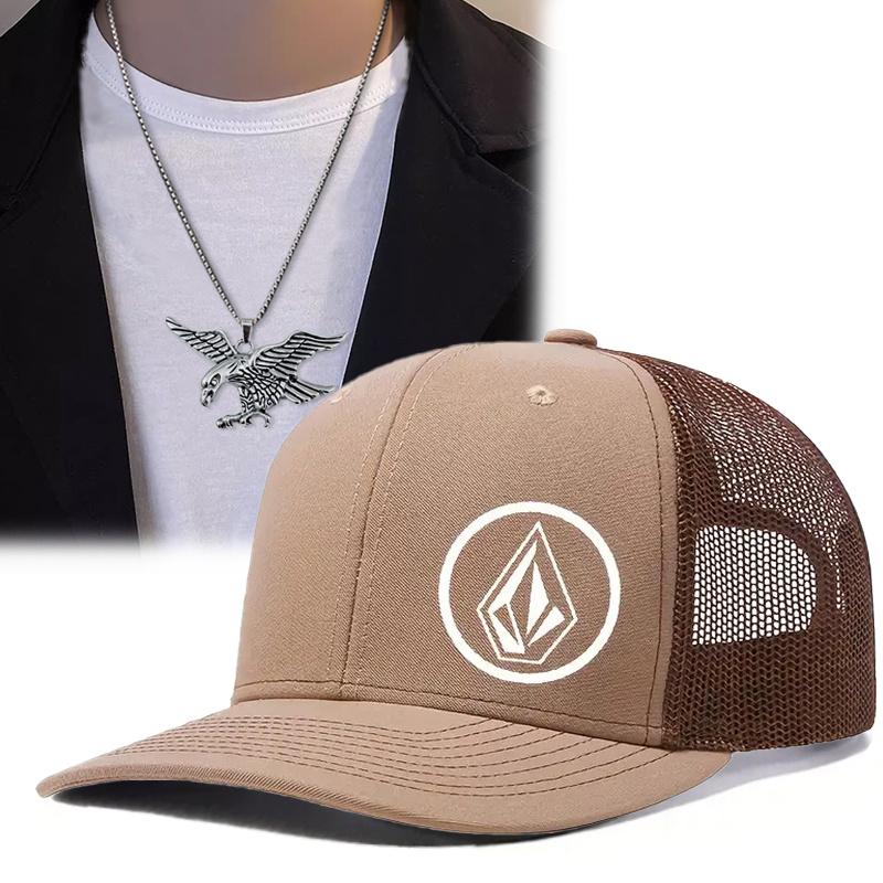 2Pcs Men Women Embroidery Flat Brim Sun Hat Eagle Pendant Necklace Set Fashion Leisure Sports Baseball Cap Couple Hip Hop Cap
