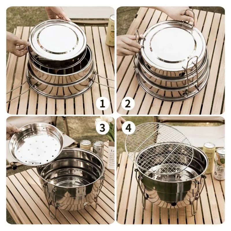Outdoor BBQ Klappbar Teilbar Tragbar Edelstahl Feuerstelle Kochzubehör Picknick Holzkohle Grillmaschine Campingausrüstung