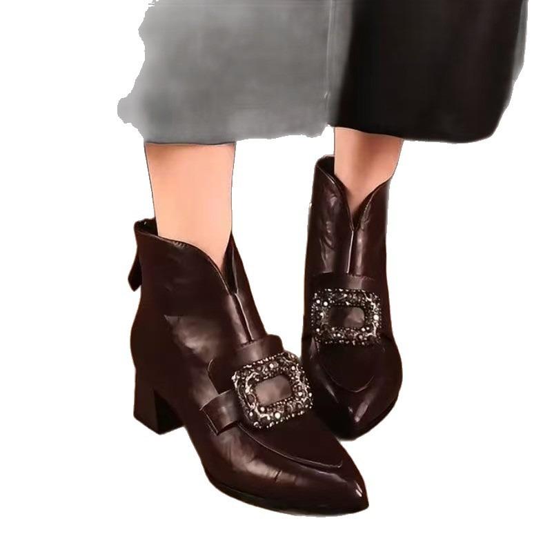 New Style of Women's Ankle Boots, Thick-heeled Shoes, Pointed-toe High-heeled Soft Leather and Fleece Boots