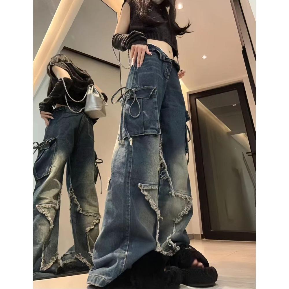 Women's Black Gothic Loose Work Jeans with Stars Harajuku Y2k Aesthetic Vintage Jeans Pockets Design Trousers