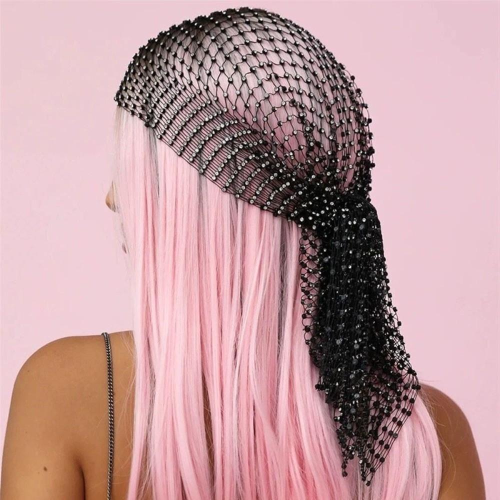 Fashion Elastic Rhinestone Hat Ball Cosplay Mesh Rhinestone Pirate Hat Hollow Out Snood Scarf Cap Women